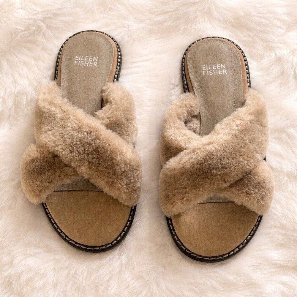 Eileen Fisher Taupe Shearling Crossover Sandals Cozy Slip-On Cross2-LT Size 8.5